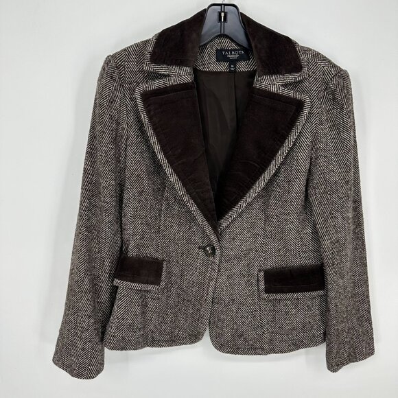 Talbots Herringbone Blazer Jacket 6P Wool Blend Velvet Trim Brown Tan - Picture 1 of 7